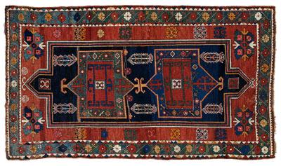 Appraisal: Kazak double-entrant prayer rug geometric medallions on dark blue field