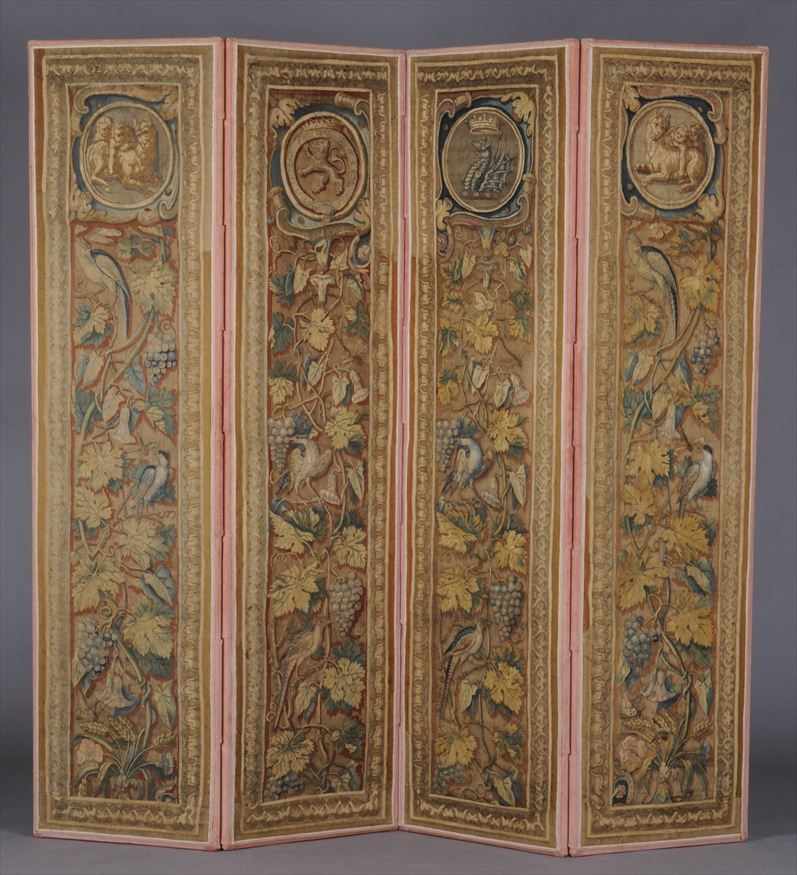 Appraisal: AUBUSSON TAPESTRY FOUR-PANEL FOLDING SCREEN Each panel with armorial lion