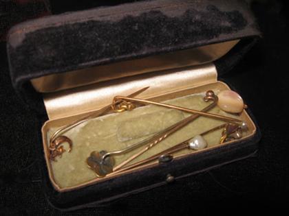 Appraisal: Group of six stick pins some gem set Pearl and