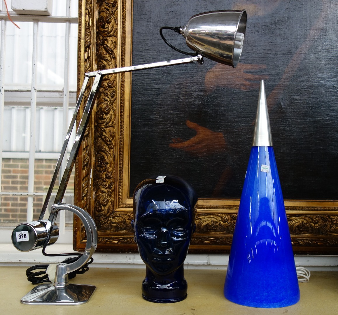 Appraisal: A modern chrome adjustable table lamp another blue glass and