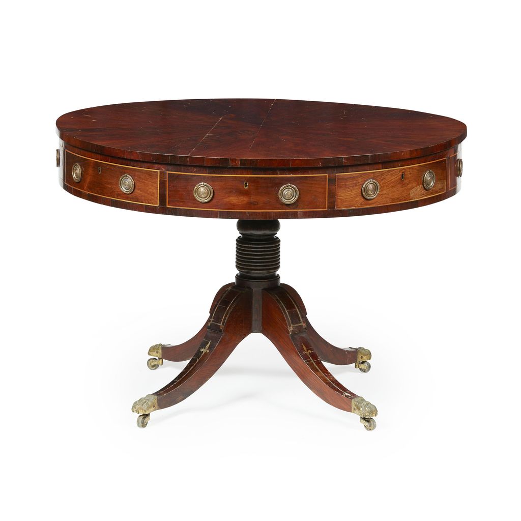 Appraisal: REGENCY STYLE MAHOGANY AND BRASS INLAY DRUM LIBRARY TABLE LATE