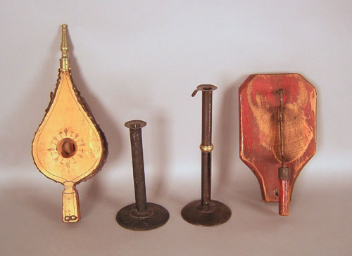 Appraisal: Painted bellows together with a chopping block and two hogscraper