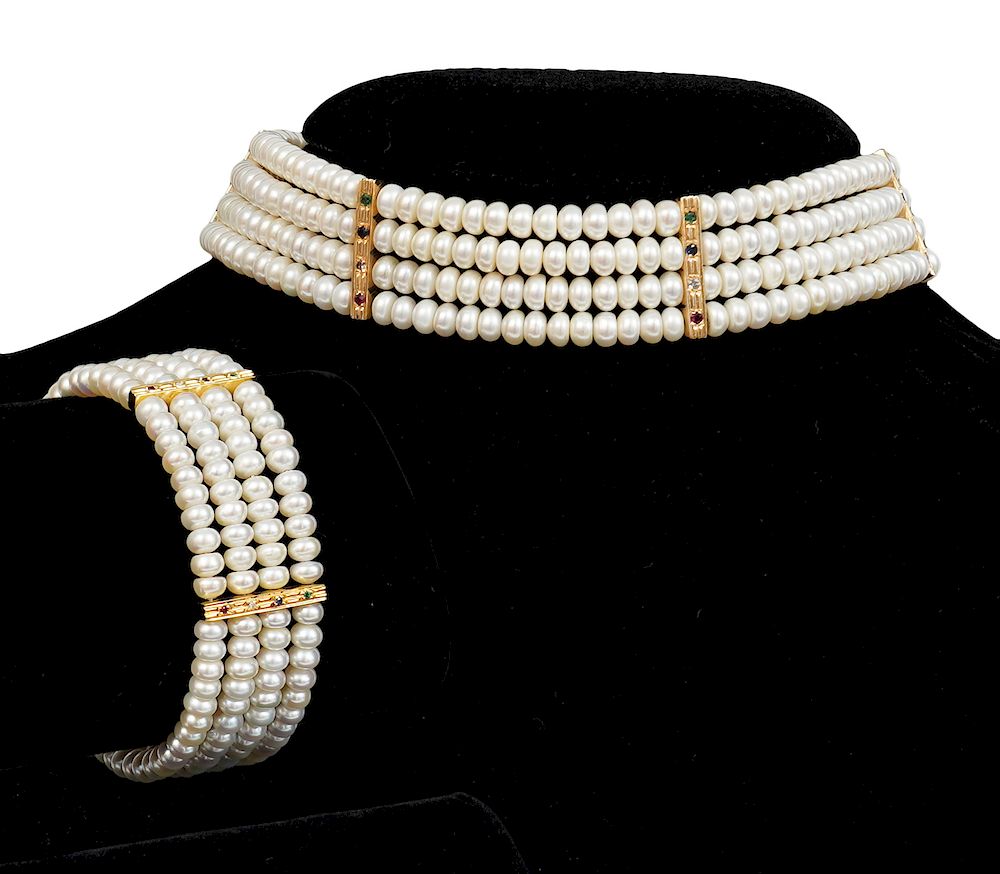 Appraisal: Cultured Pearl Gemstone Gold Choker Bracelet Flexible choker and bracelet