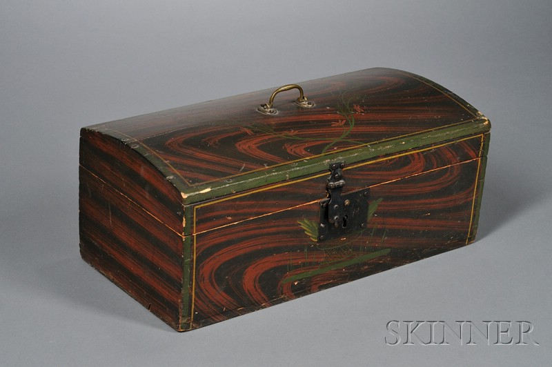 Appraisal: Grain-painted and Decorated Pine Dome-top Box Maine early th century