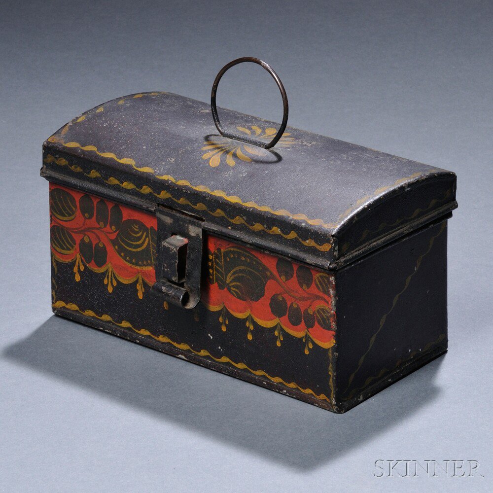 Appraisal: Small Painted Tinware Dome-top Trunk America early th century wire