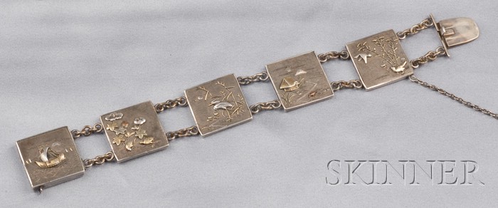 Appraisal: Shibuichi Bracelet composed of five plaques depicting various scenes of