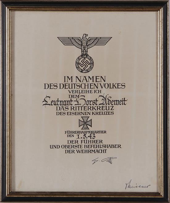 Appraisal: German WWII Knight's Cross Certificate Award to Lieutenant Horst Ademeit