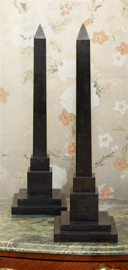 Appraisal: Pair of black slate Grand Tour Egyptian obelisks th century