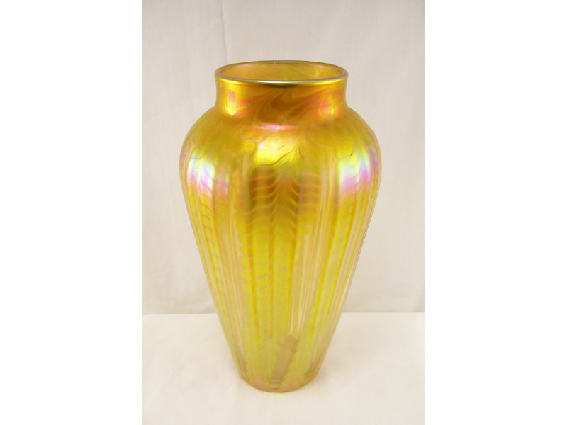 Appraisal: Lundberg Studios Art Glass Vase Gold iridescent finish with fern