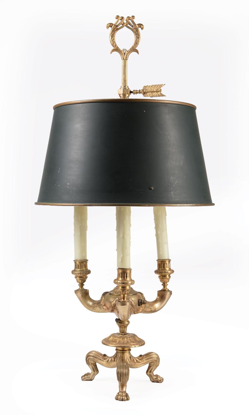 Appraisal: French Gilt Bronze Three-Light Bouillotte Lamp adjustable green tole peinte