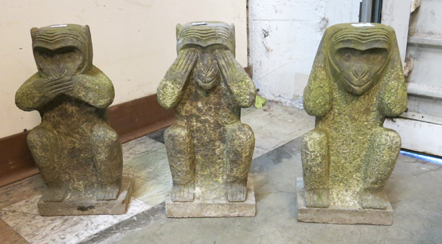 Appraisal: THREE WISE MONKEYS GRANITE SCULPTURES Mizaru covering his eyes who