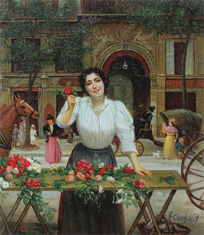 Appraisal: CORBELL Elizabeth American - ''Flowers for Sale'' Oil Ivorine sight