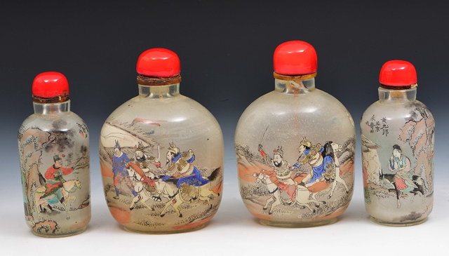 Appraisal: Four Chinese inside decorated snuff bottlesearly th Centuryeach with coral