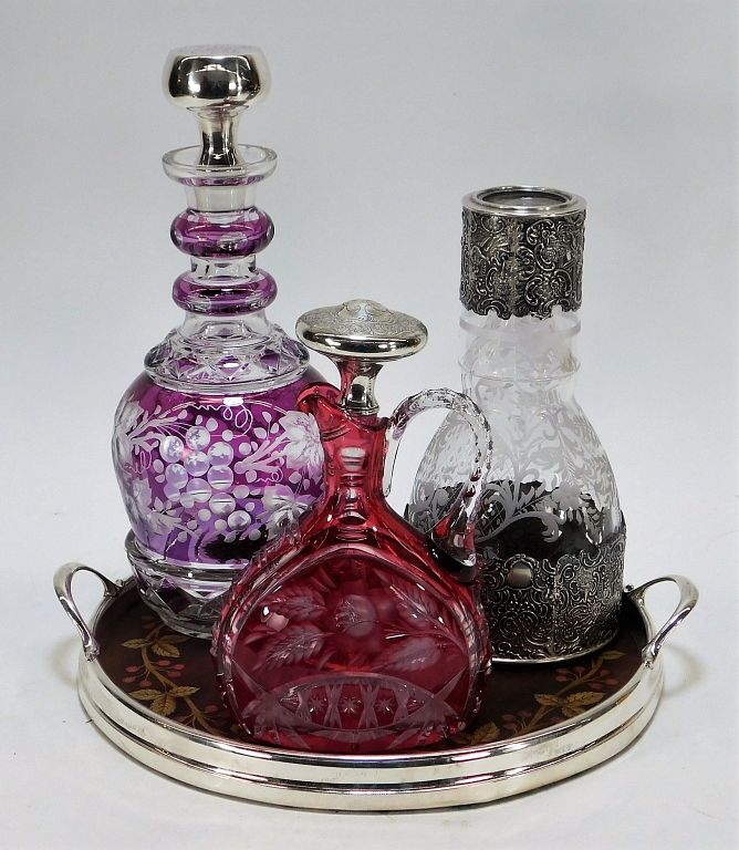 Appraisal: PC Silver Overlay Glass Decanter Tray Vanity Set United States