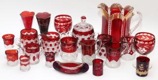 Appraisal: FLASHED RUBY AND AMETHYST SOUVENIR GLASS TABLEWARE FLASHED RUBY AND