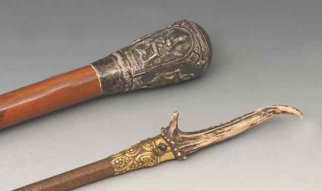 Appraisal: A RIDING CROP with gilt metal and antler handle inscribed