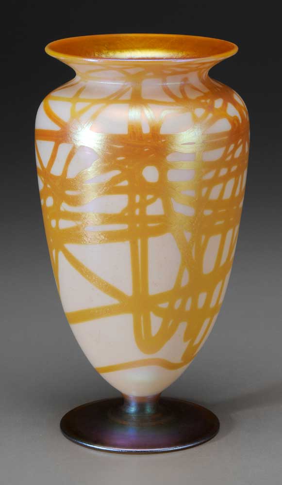 Appraisal: Quezal Art Glass Vase American - amber decoration on iridescent