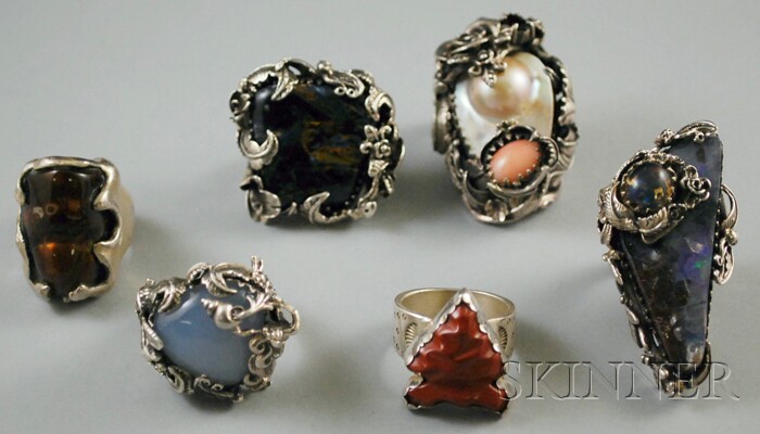 Appraisal: Six Large Stone-set Silver Rings some sterling