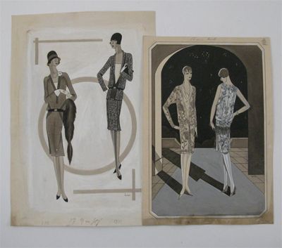 Appraisal: Two ink and wash fashion designs by Dodo Burgner signed