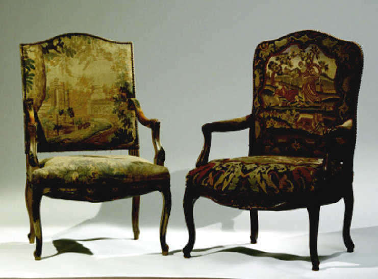 Appraisal: TWO COMPANION FRENCH LOUIS XV STYLE OPEN ARMCHAIRS Needlepoint upholstered