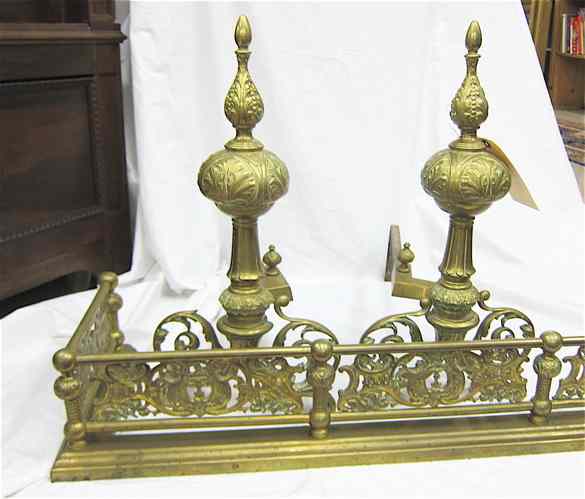 Appraisal: THREE-PIECE BRASS HEARTH ACCESSORY GROUP fireplace fender and a tall