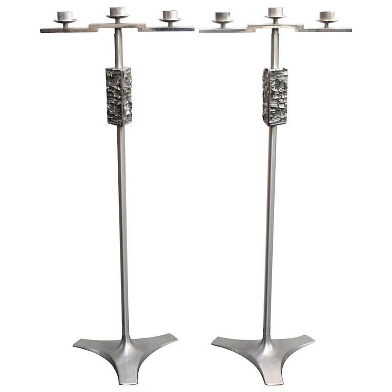 Appraisal: Brutalist Modern Three-Light Candelabras Pair Pair of Brutalist Modern monumental