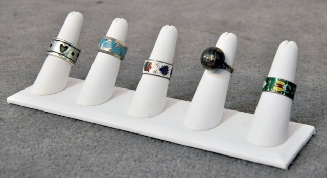 Appraisal: Five Sterling Silver RingsTwo with enameling One with inlaid turquoise