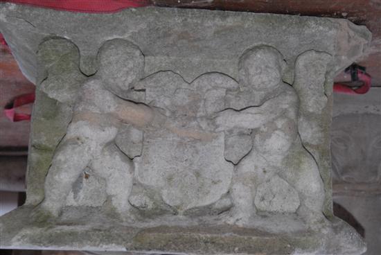 Appraisal: CARVED STONE ELEMENT With angels Cracks and repairs Provenance From