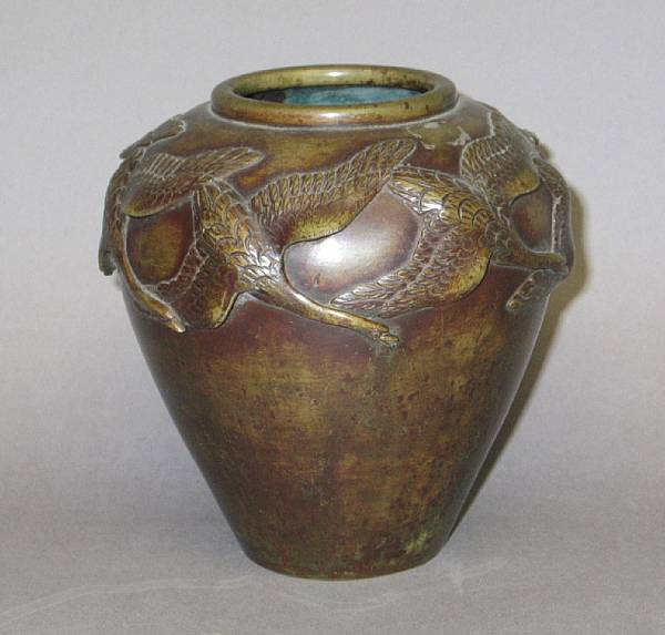 Appraisal: A patinated ovoid bronze vase Taisho Showa Period Fashioned with