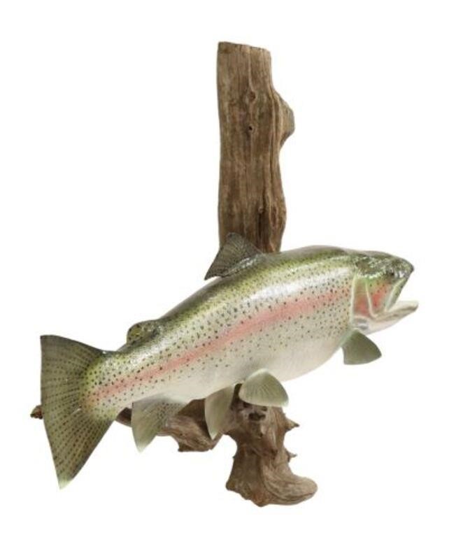 Appraisal: Model replica of a Rainbow Trout on driftwood back h