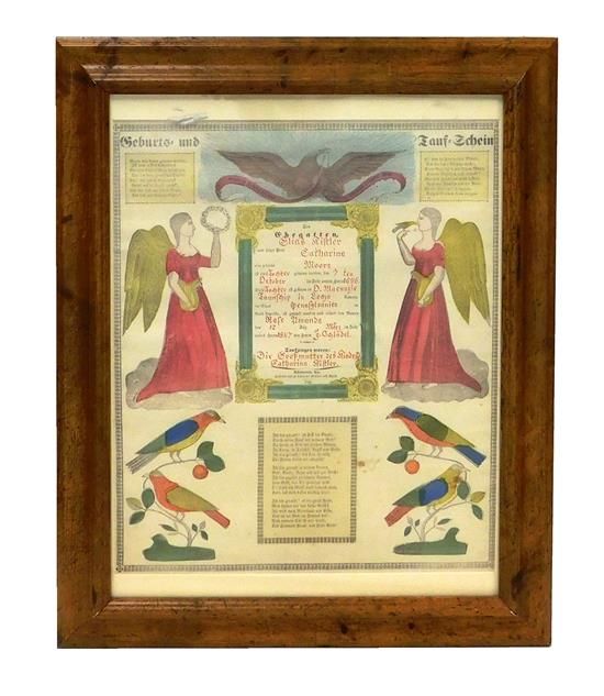 Appraisal: Mid- th C Pennsylvania baptismal announcement fraktur c hand-colored print