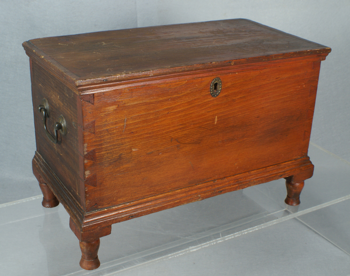 Appraisal: Miniature pine DT blanket chest divided interior turned legs w