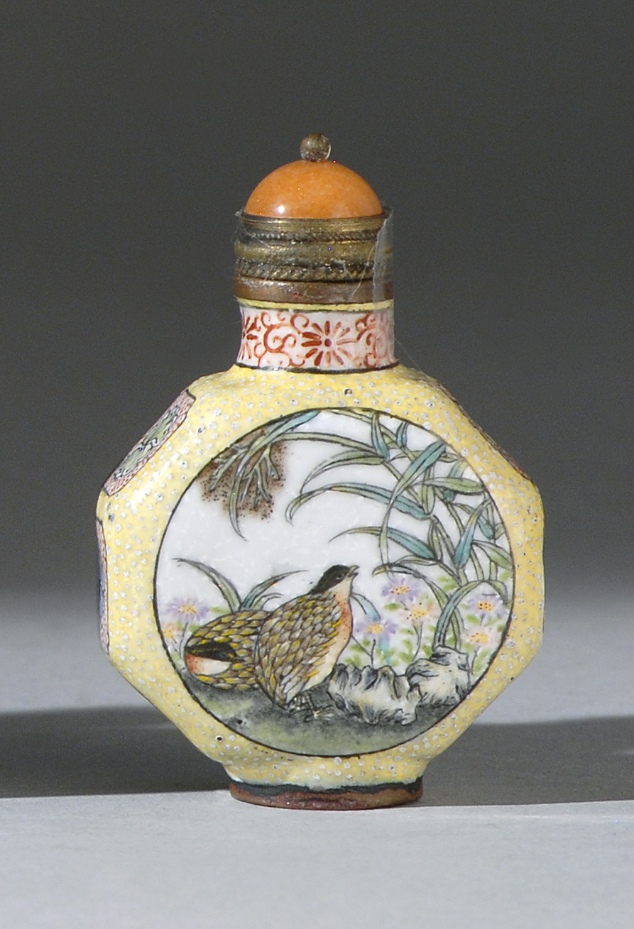 Appraisal: BEIJING ENAMEL SNUFF BOTTLE th th CenturyIn octagonal form with