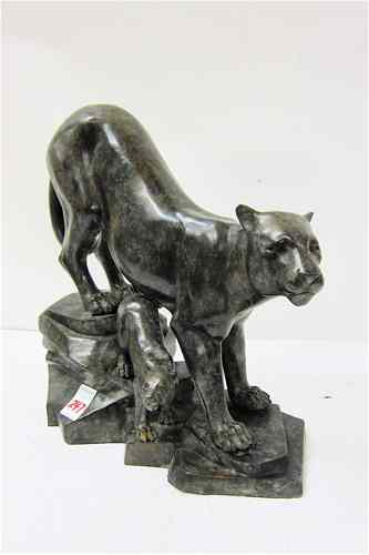 Appraisal: PATINATED BRONZE WILDLIFE SCULPTURE Mountain Lion mother and cub unsigned