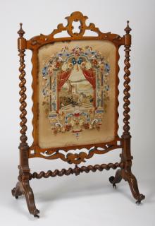 Appraisal: English walnut fire screen w needlepoint panel h Oversized th