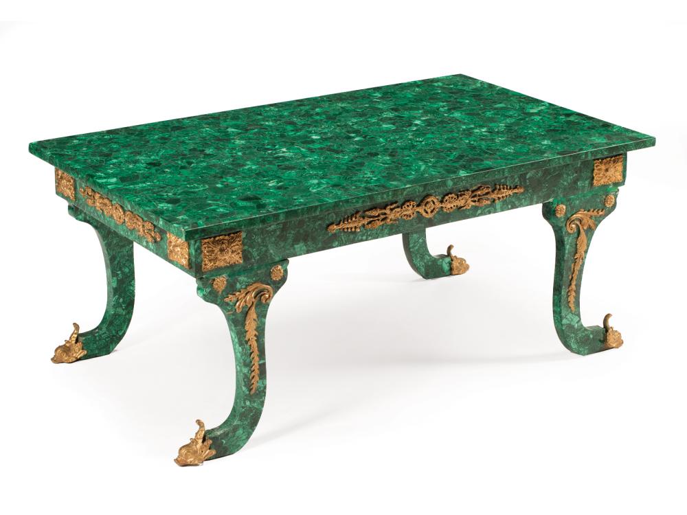 Appraisal: Empire-Style Bronze-Mounted Malachite Low Table rectangular top cornucopia-shaped legs dolphin