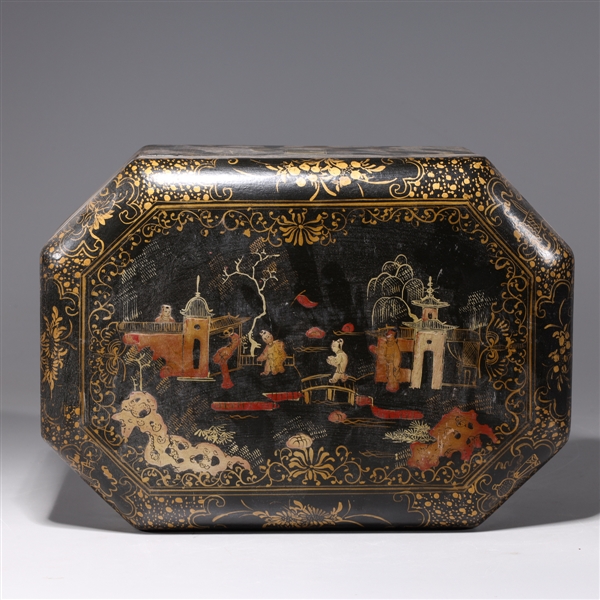 Appraisal: Chinese gilt lacquer octagonal box with landscape and courtyard scenes