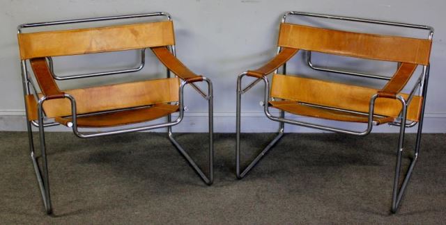 Appraisal: Midcentury Pair of Marcel Breuer Wassily Chairs In tan leather