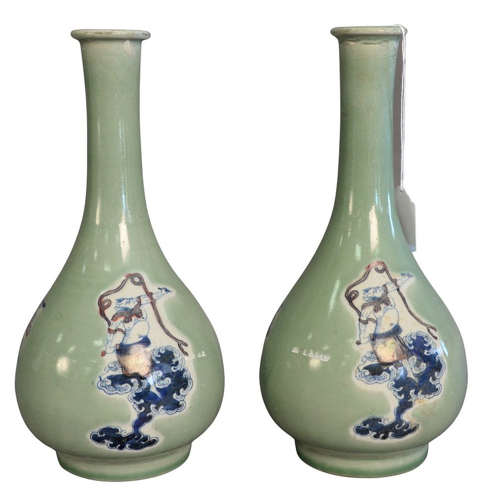 Appraisal: Pair of Chinese Celadon Glazed Bottle Vases having underglazed copper