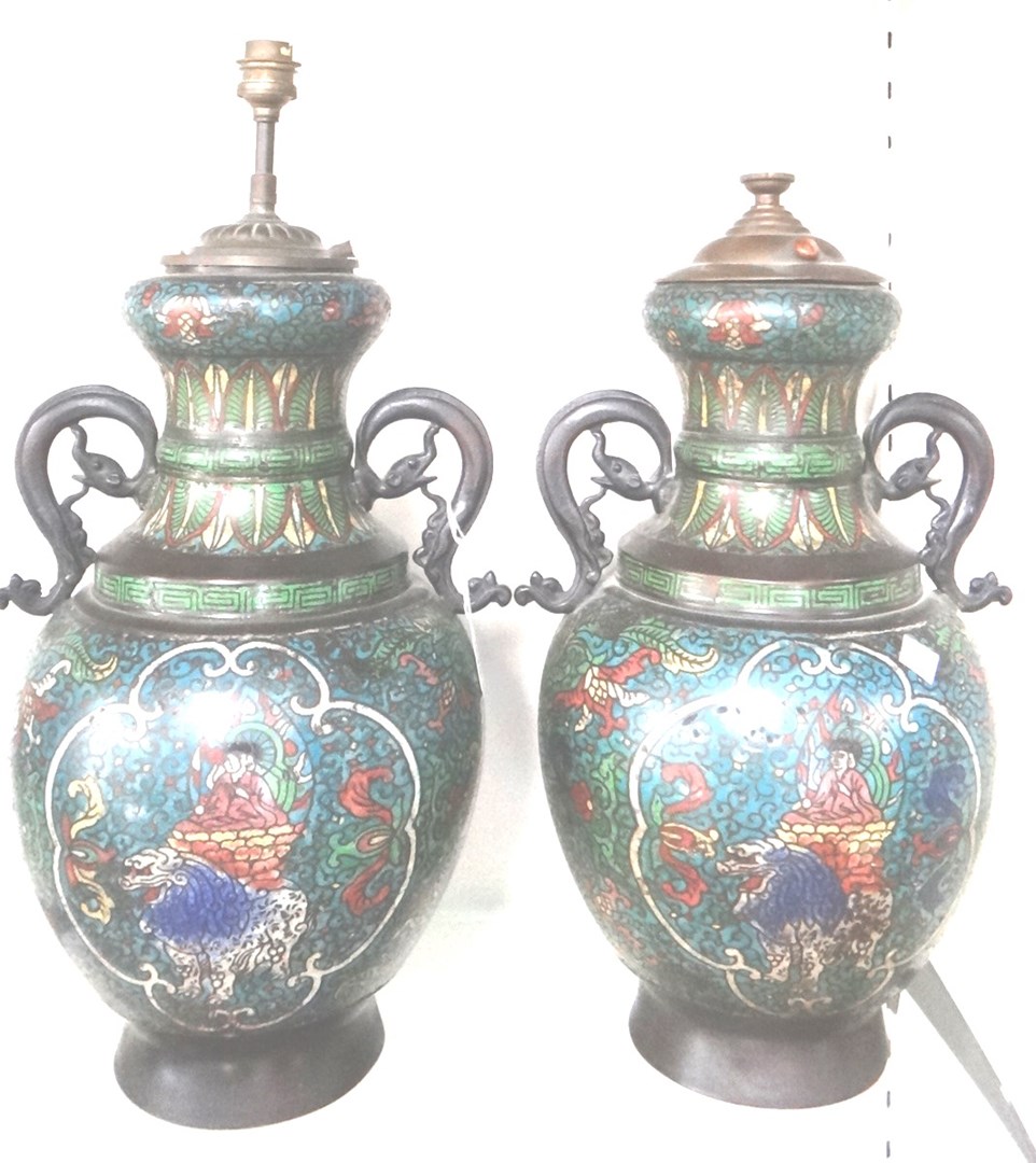 Appraisal: A pair of two-handled cloisonn vases th century each side