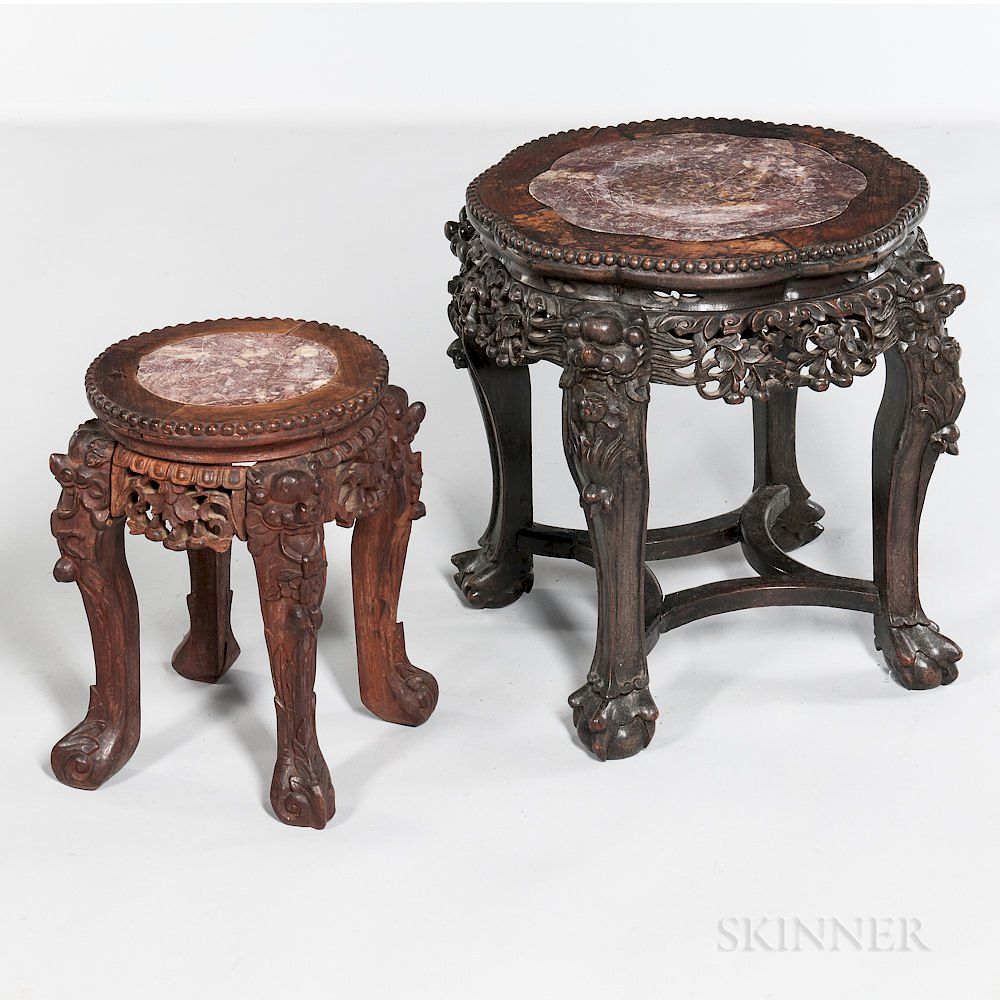 Appraisal: Two Marble-top Hardwood Stands Two Marble-top Hardwood Stands China late