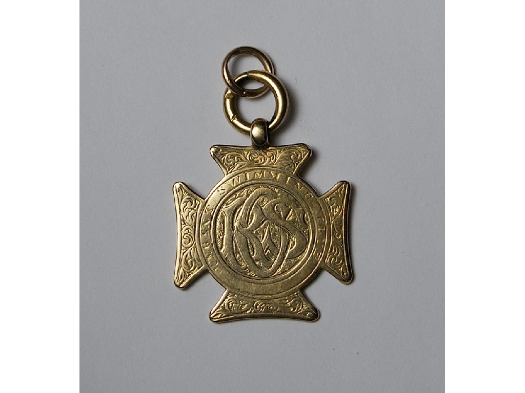 Appraisal: Yellow gold swimming medallion in form of Maltese cross engraved