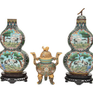 Appraisal: Three Chinese Cloisonn Enamel Vessels th Century comprising a gilt