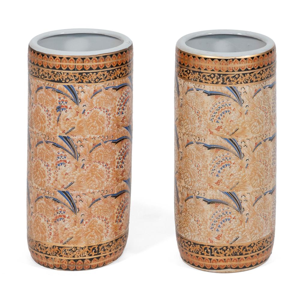 Appraisal: PAIR OF LATE IMARI PORCELAIN CYLINDRICAL VASES HEIGHTS DIAMETERS PAIR