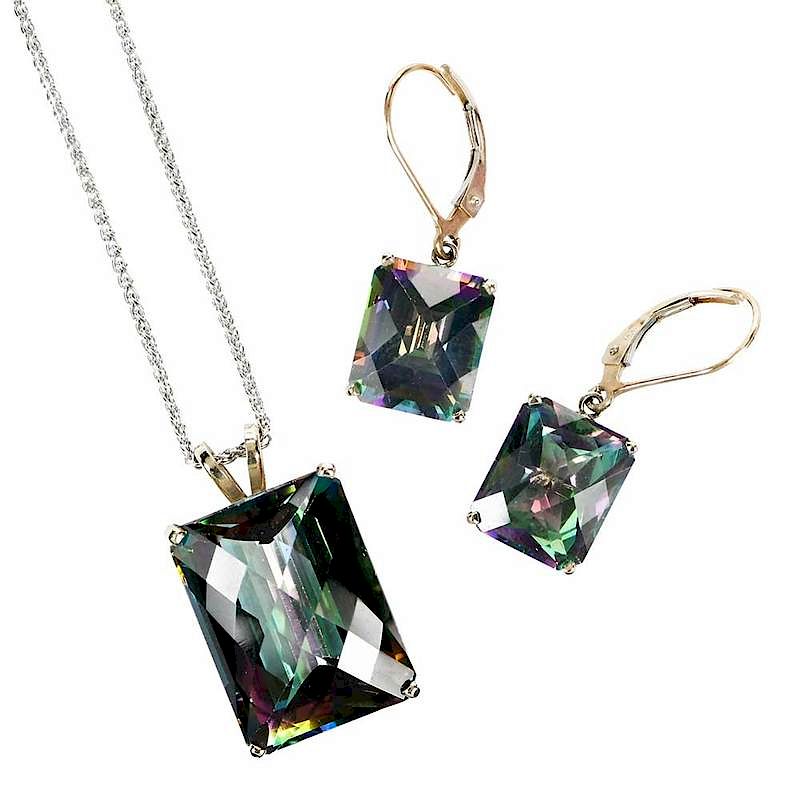 Appraisal: kt Gemstone Necklace Earrings pendant with one rectangle fancy cut