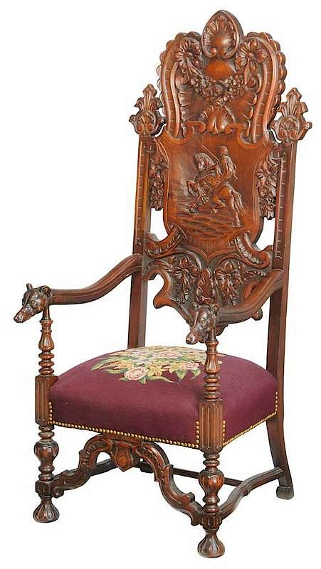 Appraisal: Renaissance Style Figural Dog-Carved Armchair early th century mahogany highly