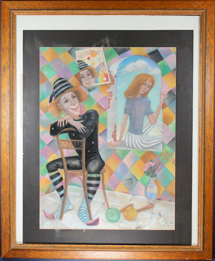 Appraisal: Mixed Media Painting of Harlequins Signed Mixed Media Painting of