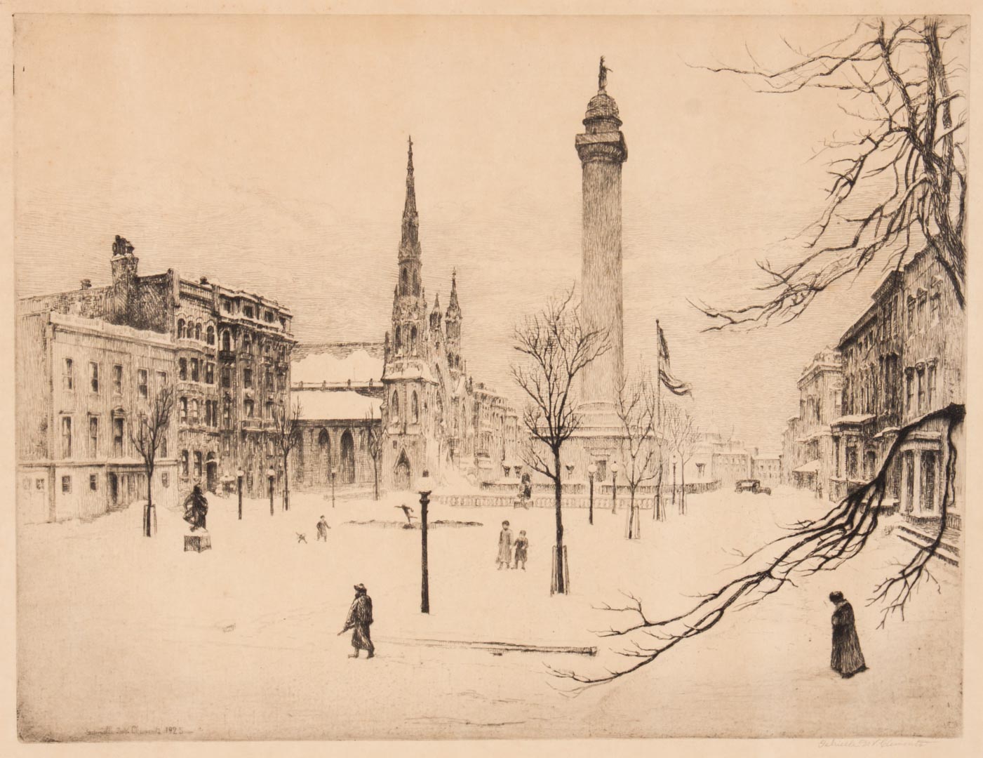 Appraisal: G D V Clements Winter-Mt Vernon Place etching Gabrielle DeVaux