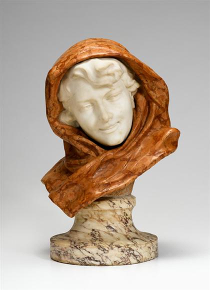 Appraisal: Variegated marble bust of a maiden Depicting a female draped