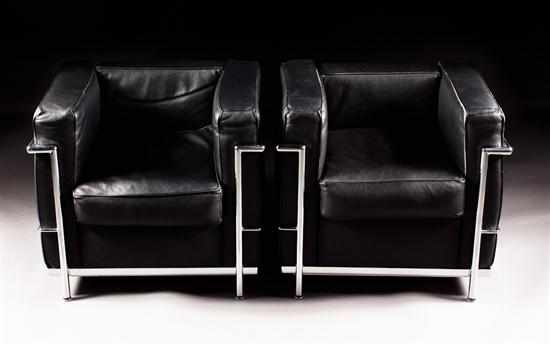 Appraisal: Pair of contemporary chrome and black leather cube-form armchairs after